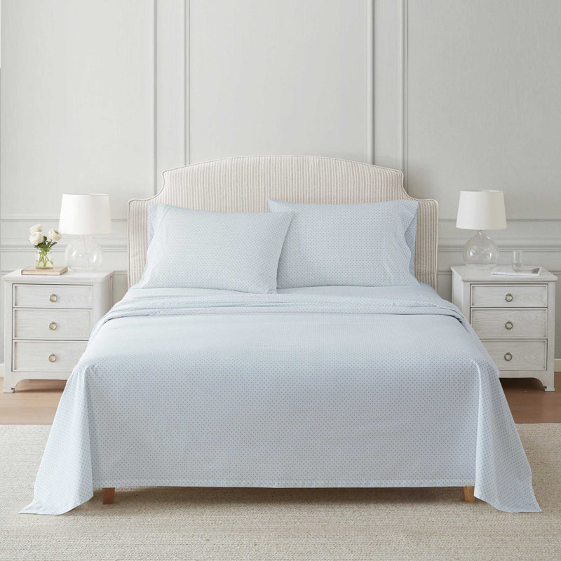 Martha Stewart Cotton Percale  Sheet Set, Twin Extra Long Sheet Set with 1 Pillowcase, Polka Dot Blue