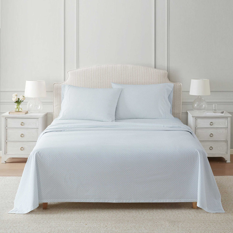 Martha Stewart Printed Cotton Percale Sheet Set, Twin Sheet Set with 1 Pillowcase, Blue Polka Dot