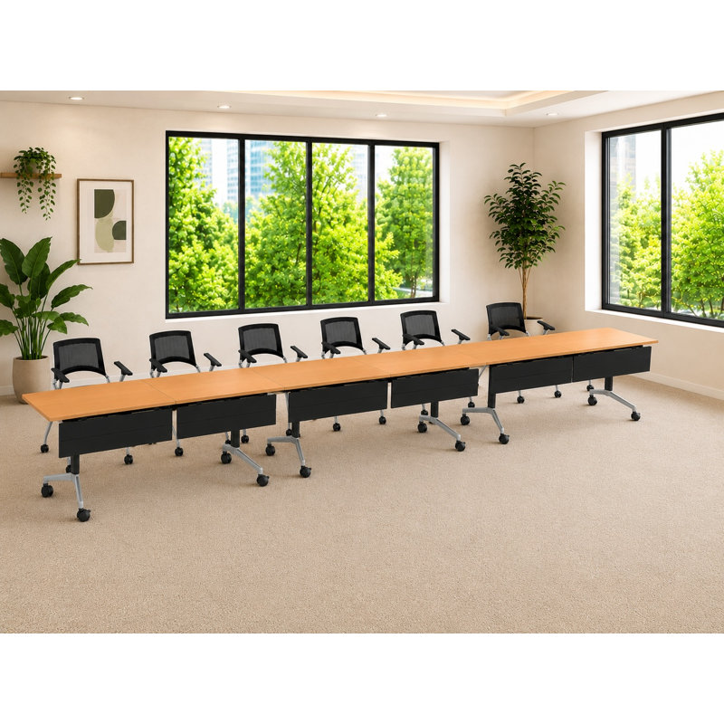 6 tables de formation pliables pour 6 personnes, extra longues pour les colloques et les conférences avec plateau épais, couleur hêtre, pieds pliables et boîtes électriques intégrées, y compris les chaises de travail gigognes pliables.