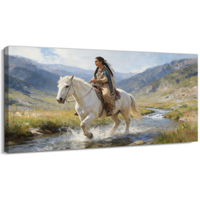 Native American Canvas Wall Art, Indian Decor Horseback Painting, Western Heritage Artwork, Large Landscape Canvas Prints for Living Room, Office, Home Wall Decorations, Ready to Hang Poster Picture, 12×24 Inches