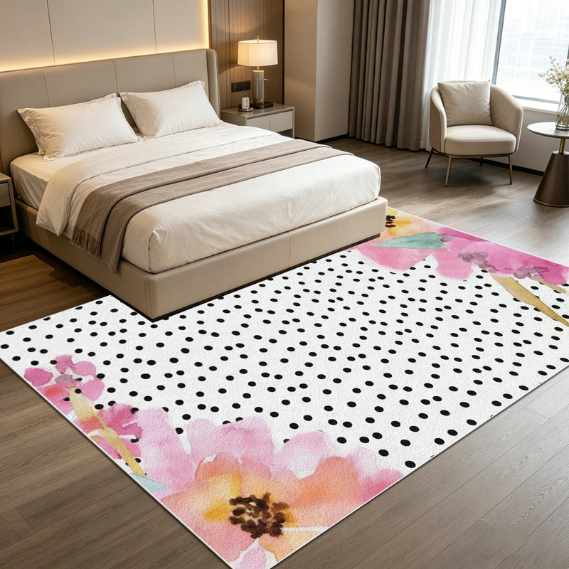 1PC Black Polka Dot Watercolor Pink Floral area rugs for Living Room, Soft, All seasons, Easy-maintain, Washable Indoor mat, Farmhouse suitable for dining table, bedroom, kitchen, entryway, backyard patio, home office, Home Decor, Outdoor Decor.