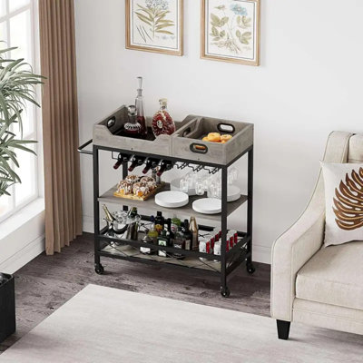 3 Tier The Home Grey Bar Cart With Wheels, Two Portable Trays, Wine Rack, Glasses Holder, Industrial Serving Cart For Kichen, Living Room, Dining Room