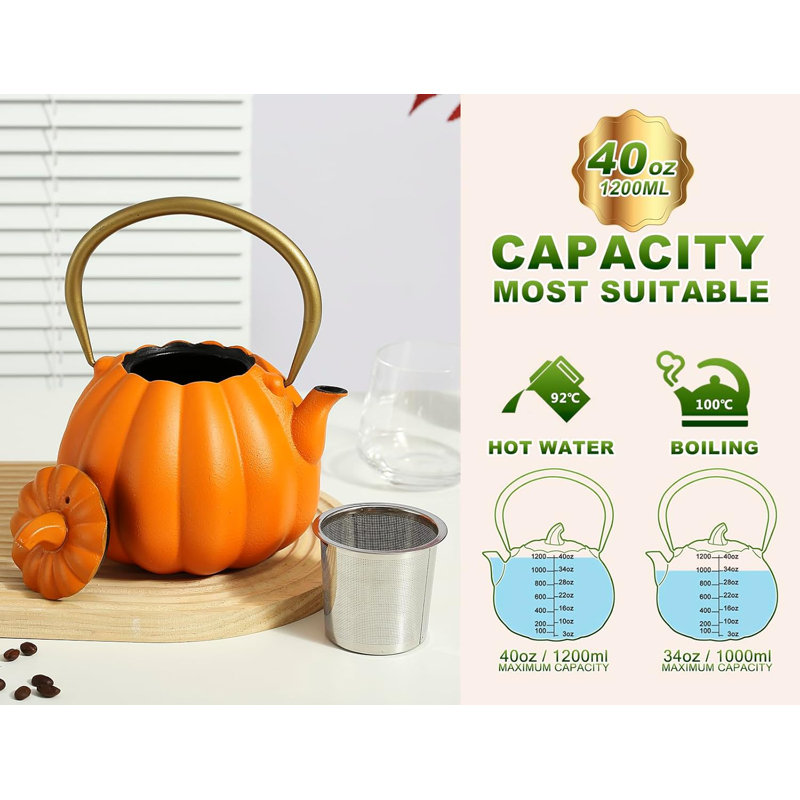 40oz Orange Pumpkin Cast Iron Teapot with Gold Handle