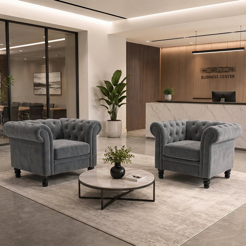 Ensemble de 2 fauteuils d'appoint Chesterfield Fynlie en velours capitonné de 115 cm (45,2 po), style moderne du milieu du siècle.