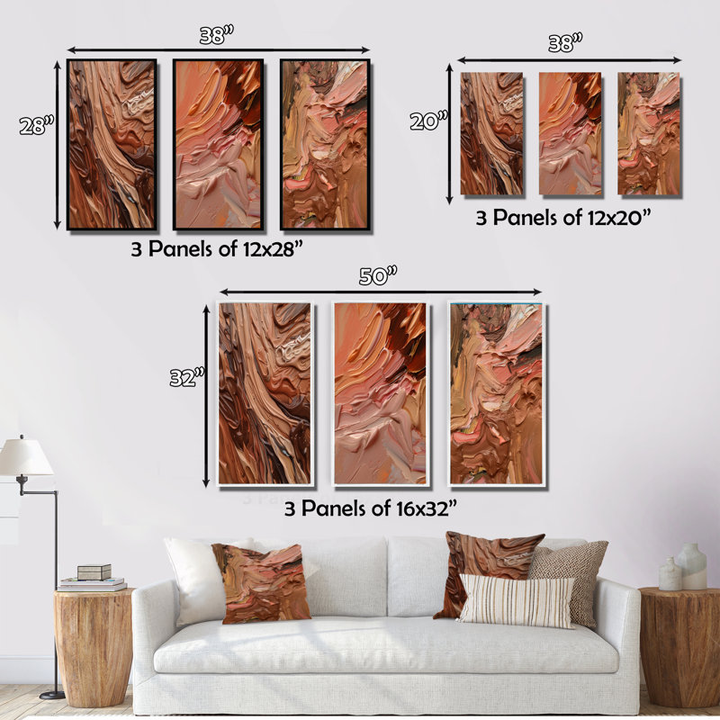 Chocolate Bliss Abstract Painting I - Abstract Painting Art Set Of 3 Pieces, Encadrement doré, H 20 po x l 36 po