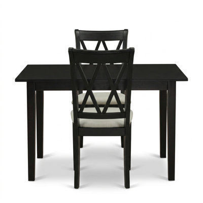 Black Finish Asian Wood Rectangular 3 Piece Kitchen Table Set Butterfly Leaf 2 Linen Chairs