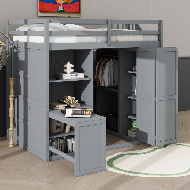 Lit mezzanine double avec garde-robe intégrée, bureau et tablettes complètes, gris