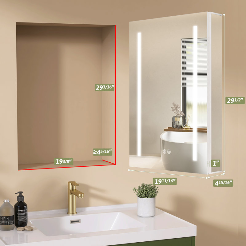 Armoire à pharmacie encastrée ou à fixation en surface sans cadre avec miroir et 3 étagères réglables pour désembueur à DEL l 20 po x H 30 po