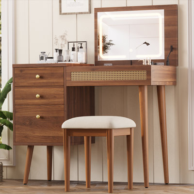 39 Inch Retro Bohemian Style Vanity Desk With Mirror, LED Lights, And Storage, Perfect For Makeup And Small Spaces