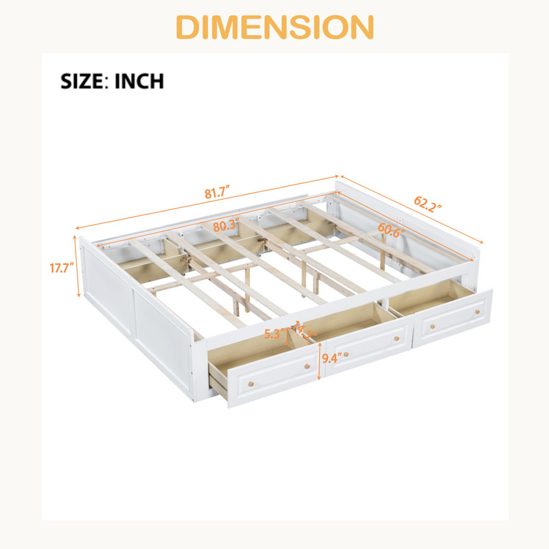 Structure de lit plateforme en bois avec 6 tiroirs, Blanc