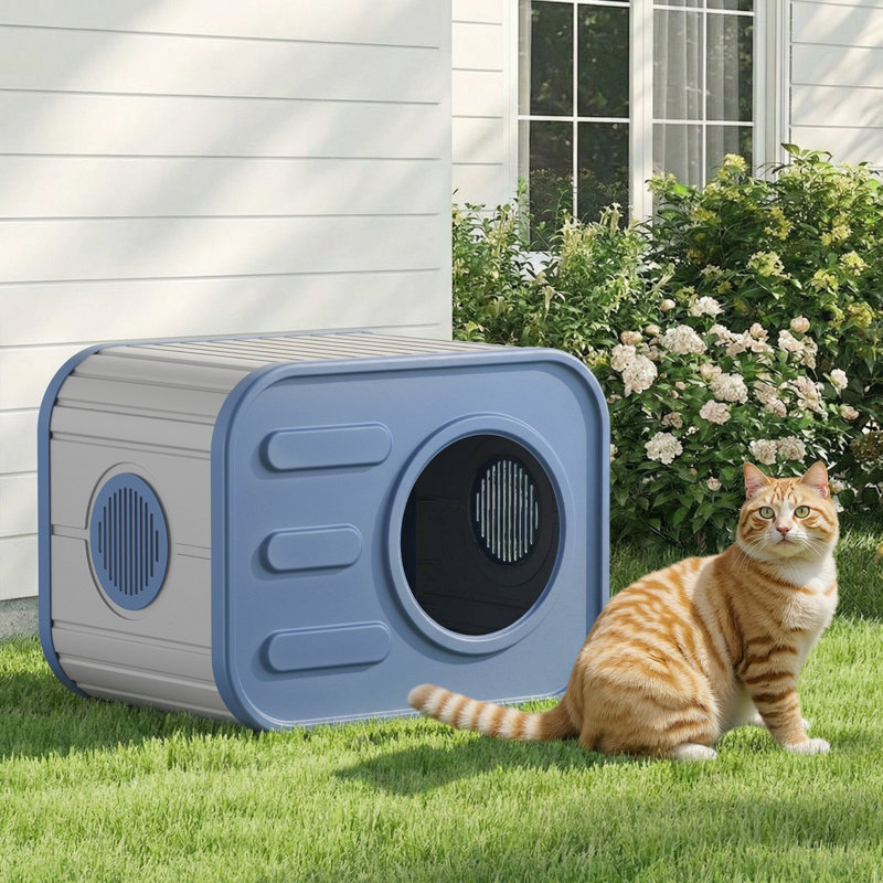 Maison de chat de 21 po de largeur pour l'intérieur et l'extérieur, Bleu/gris
