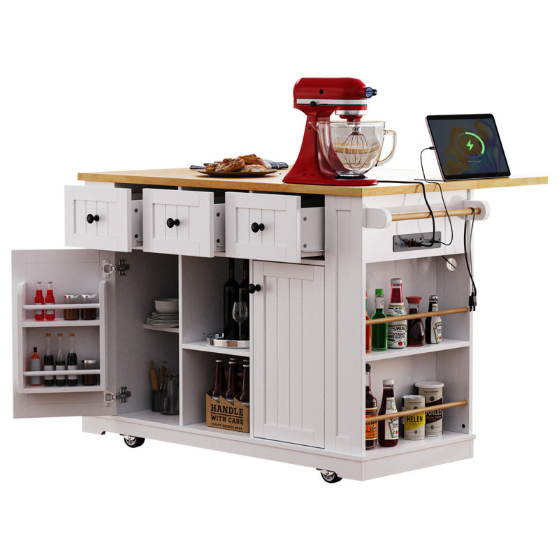 K&K 53Inch Large Kitchen Island With Drop Leaf, Power Outlet, Door Internal Storage Rack, Rolling Kitchen Cart On 5 Wheels With 5 Open Side Racks For Kitchen, Dining Room,White(Not Include Bar Stools)