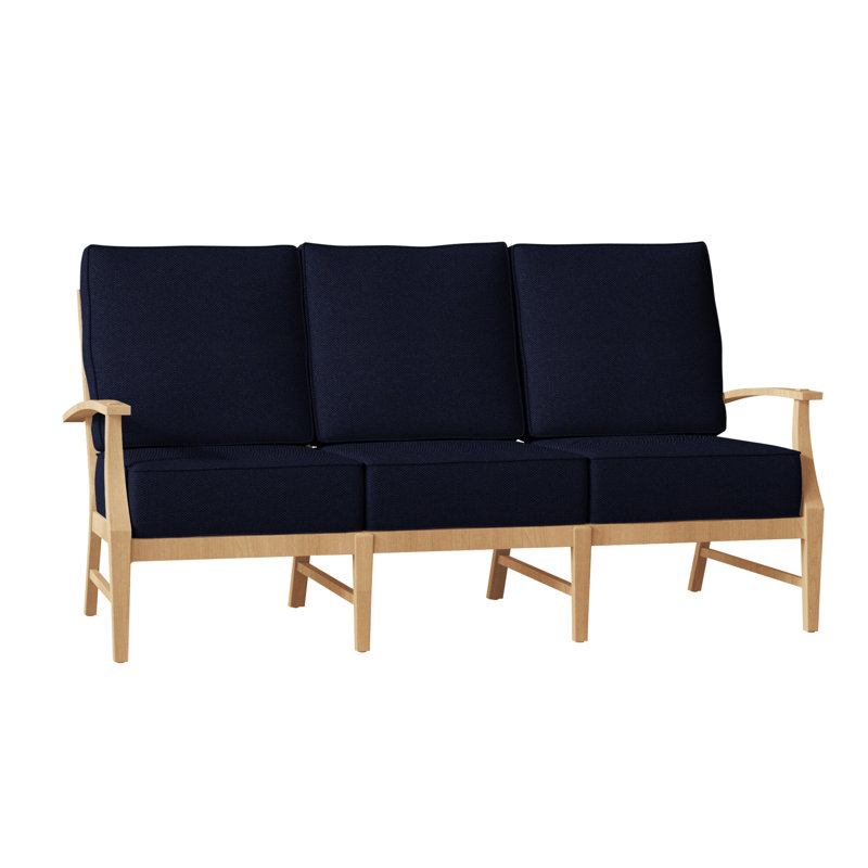 Croquet 75.75" Wide Outdoor Teak Patio Sofa with Cushions, Natural Teak, Welt, Linen Forest