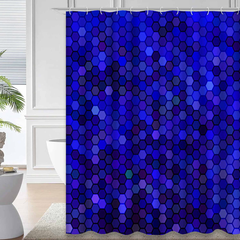 Rideau de douche abstrait hexagonal bleu à 12 crochets, L 72 po x l 84 po
