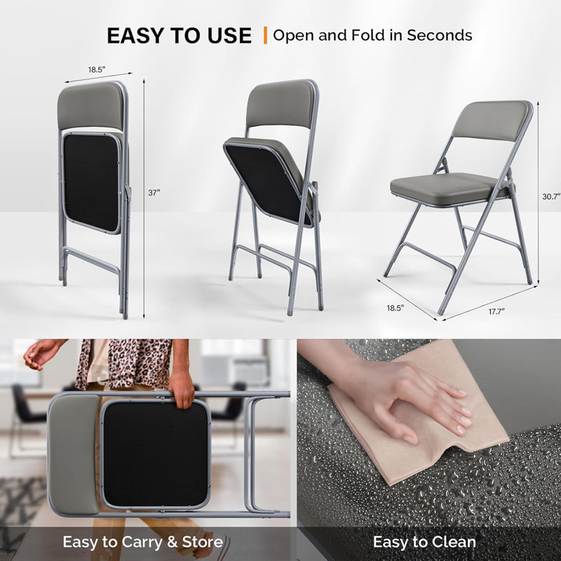 2 pièces de chaises pliantes rembourrées en polyuréthane épais entièrement assemblées, 17,7 po x 19,7 po x 30,7 po, Gris