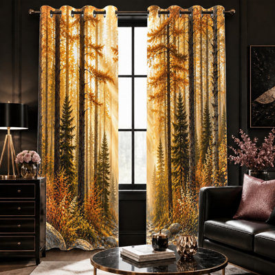 2 pièces, arbres de forêt, rideaux bloquant le soleil, style paysage naturel, scène de bois en plein air, anneau pour la décoration du salon pour la maison
