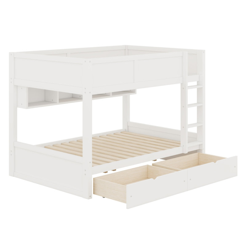 Bunk Bed with  LED Light and Two Drawers, White