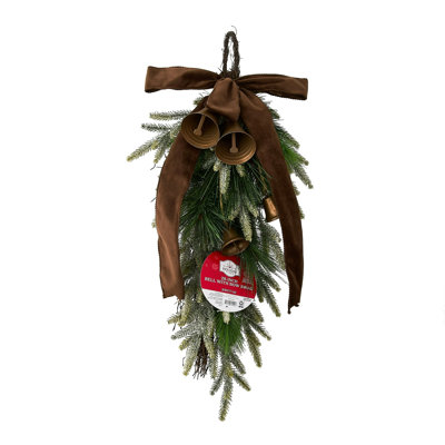 Bells, Bow, And Greenery Decorative Christmas Door Swag, Green And Brown, 28",