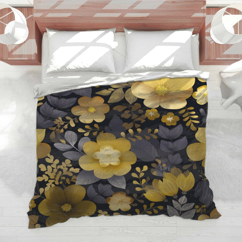 Édredon à motif floral Boho Boho, Édredon très grand, Motif floral noir / jaune