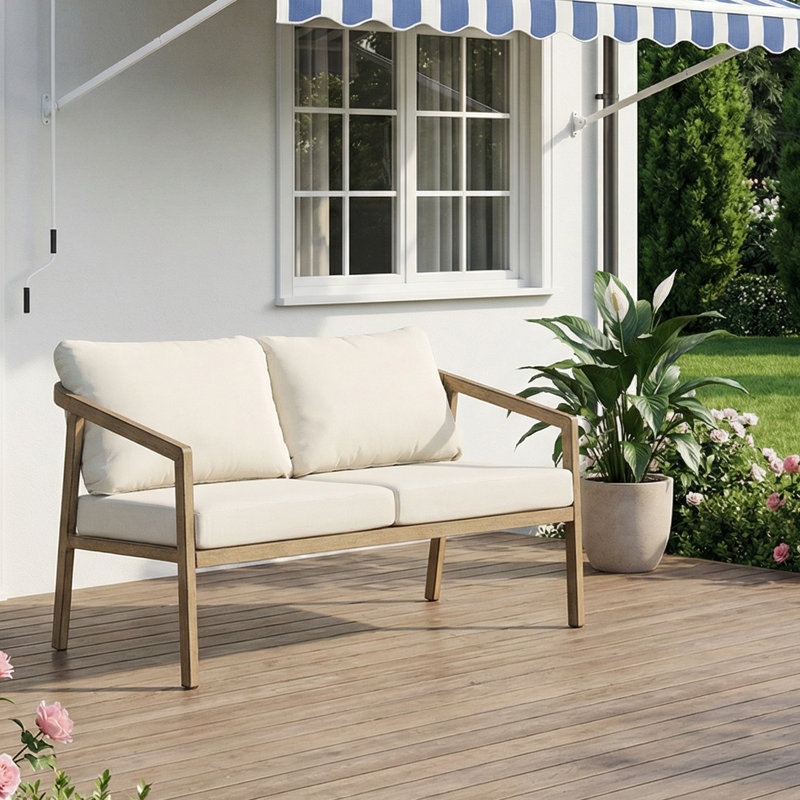 Causeuse d'extérieur en teck avec coussins, Beige, Teck