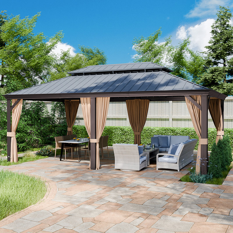 Aluminum Patio Gazebo, Black Wood, Brown, 18ft W x 12ft D