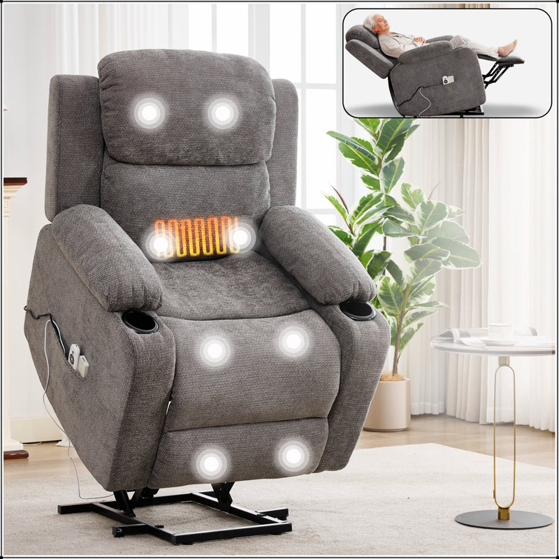 Infinite Position Single Motor Power Lift Recliner Chair For Elderly, Heavy Duty With 8-Point Vibration Massage And Lumbar Heating, Cup Holders