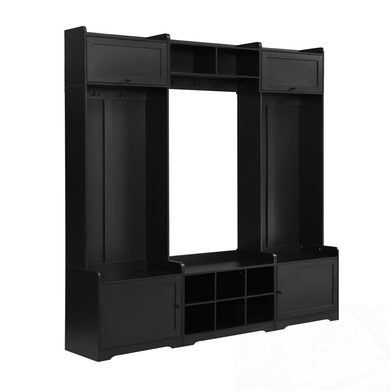 Hall Tree With Shoe Storage, 7 Coat Hooks And Adjustable Shelf, Black