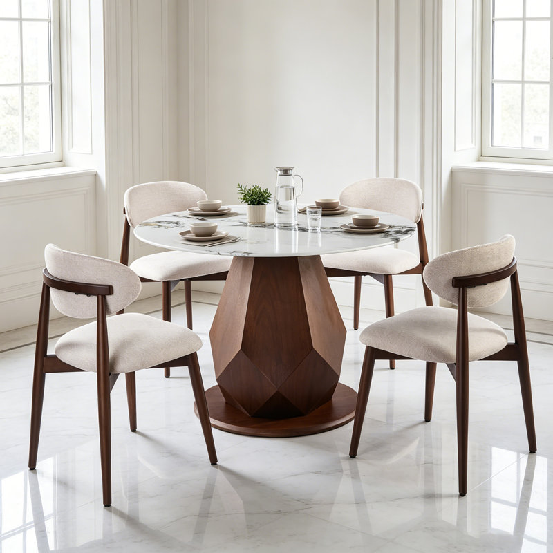 Set Of 4 Dining Table Set, Modern 44.8" Round Sintered Stone Dining Table With 4 Upholstered Dining Chairs