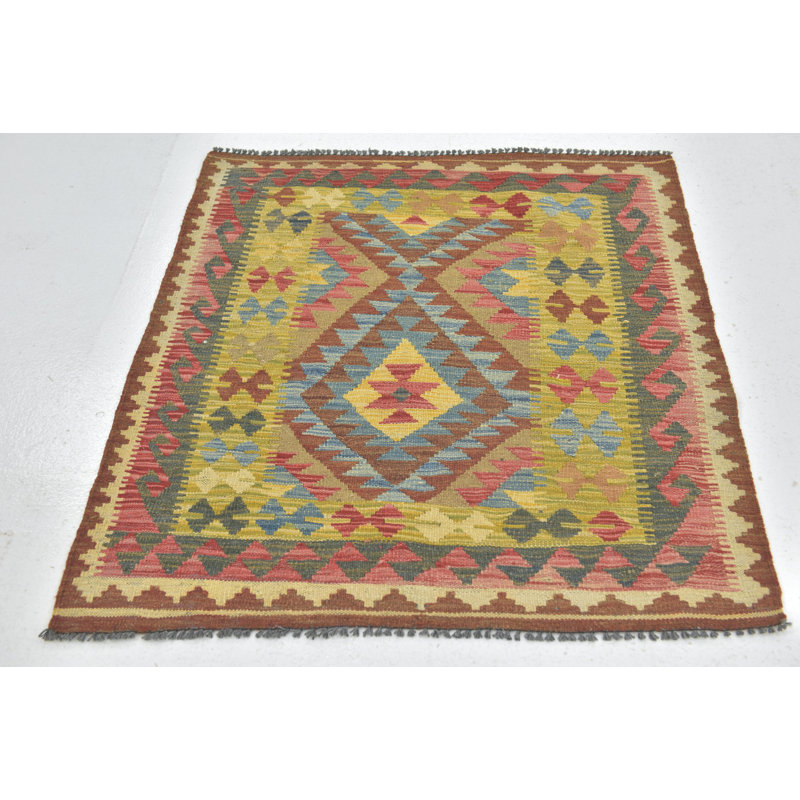 Tapis intérieur de couleur bleu/brun/rose 3 pi 2 po x 3 pi en laine noué la à la main one-of-kind Lorain