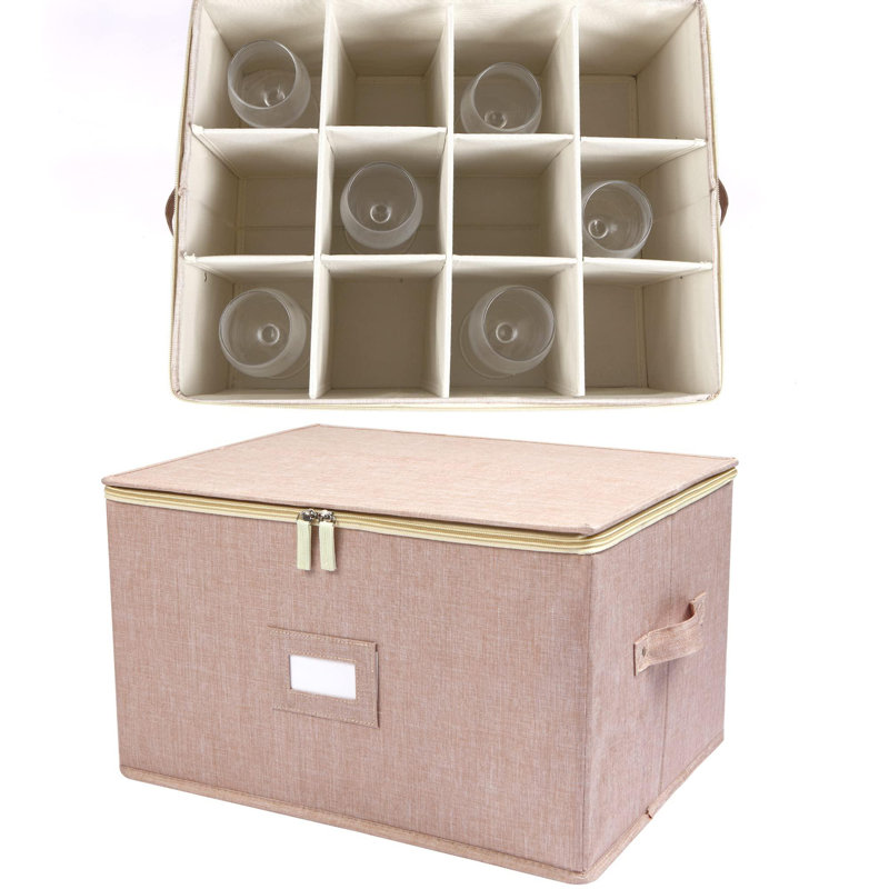 Wine Glass Storage Box, Stemware Storage Containers Cases With Dividers, Stackable Moving Supplies For 12 Wine Glasses,Beige