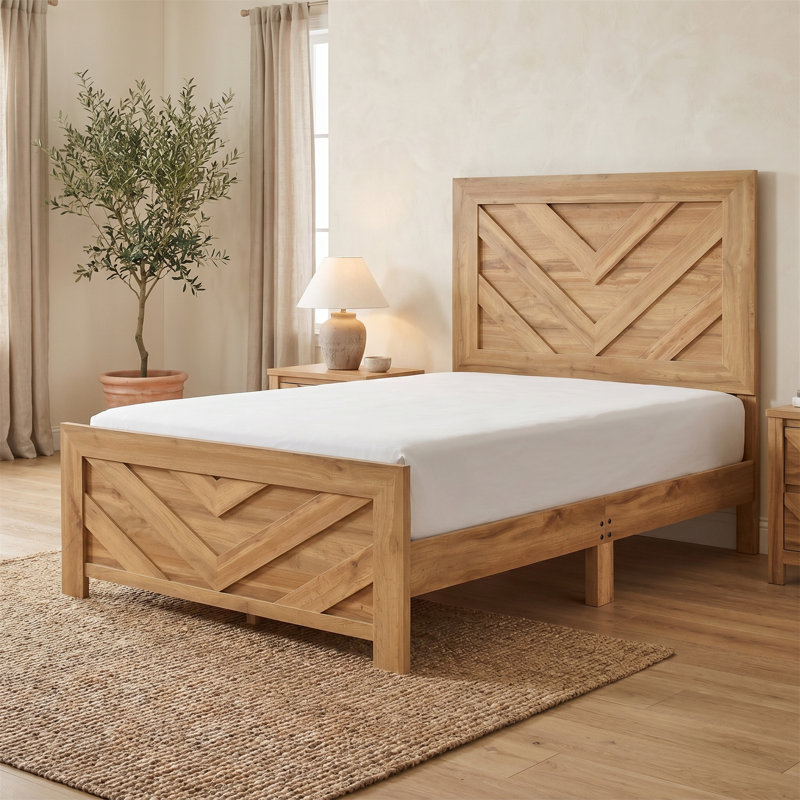 Structure de lit simple avec finition en bois naturel, tête et pied de lit à motif de losanges, Lit simple
