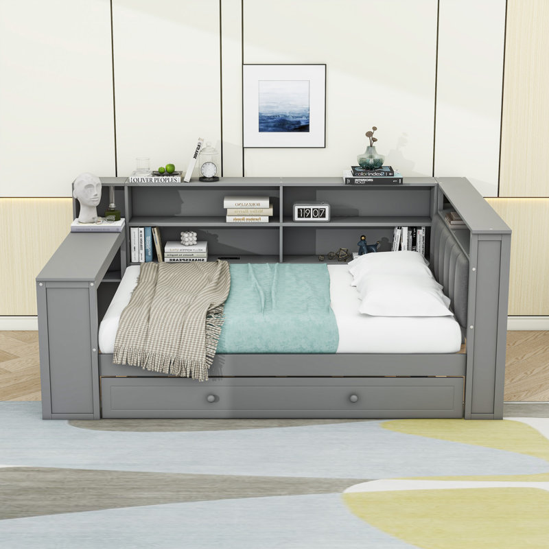 Daybed with LED Light, Built-In Storage, Desk, and Charging Station, Gray, Full