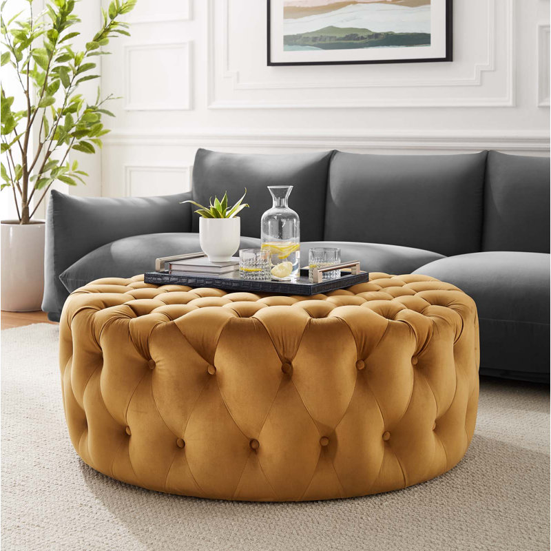 Grand repose-pieds rond en velours Performance, Velours cognac