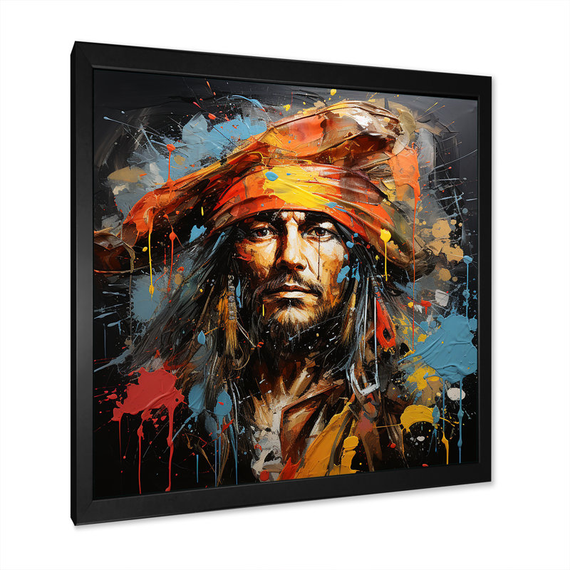 Popart pirate graphite Portrait - art mural pirate, Cadre photo noir, H 36 po x l 36 po x P 1,5 po
