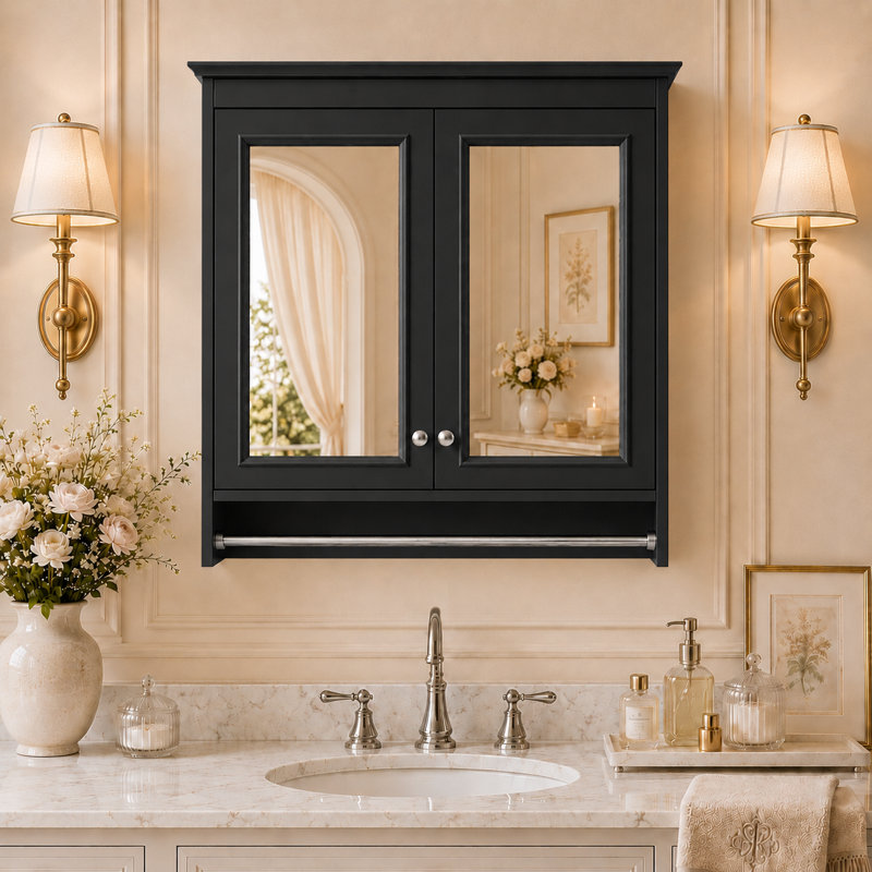 Armoire à pharmacie rectangulaire avec cadre en bois avec miroir et cadre l 30 po x H 28 po Arden, Black