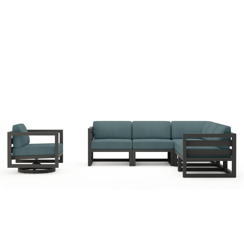 Avion 6 Piece Sectional Set With Swivel, Slate, Cast Lagoon Sunbrella® Plainweave