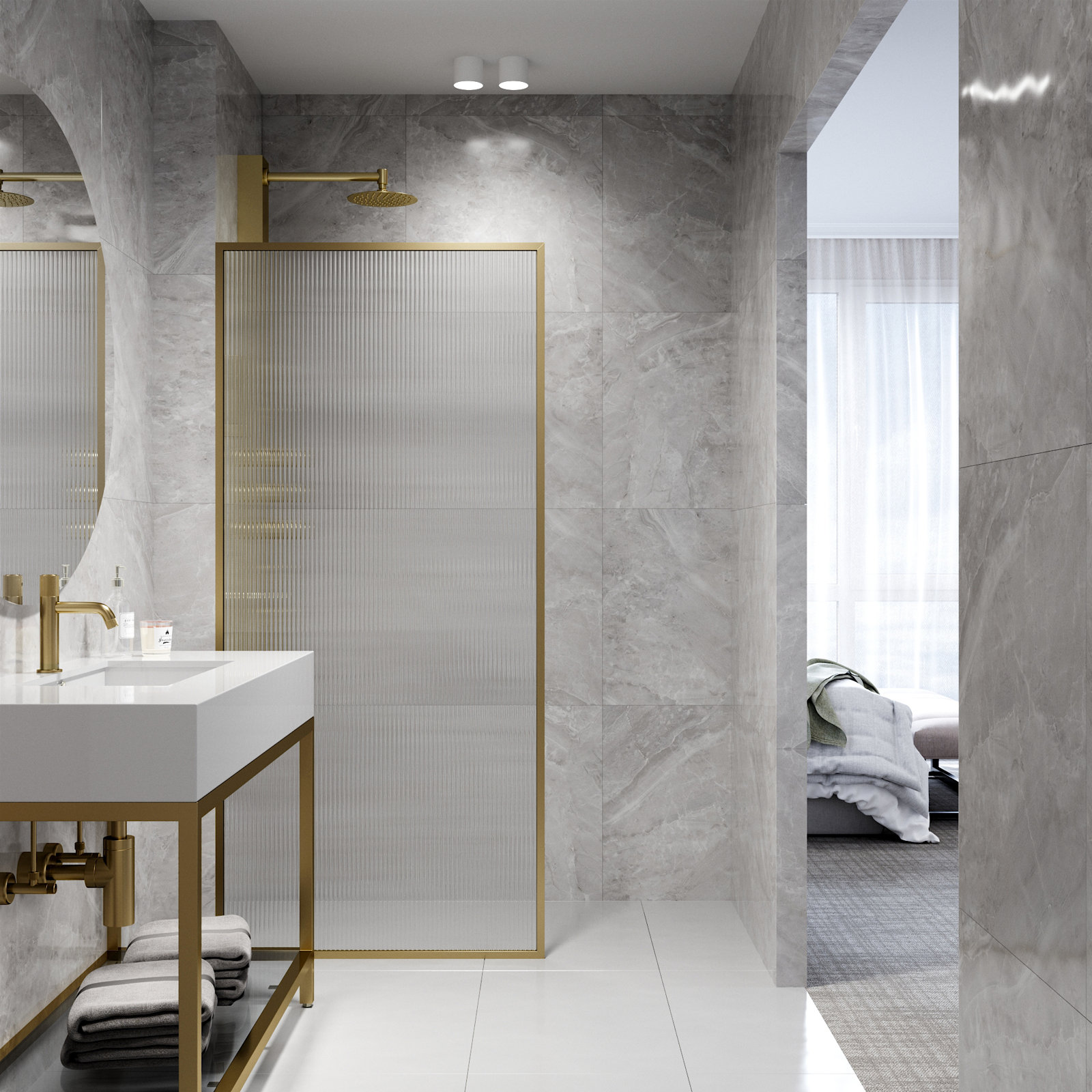 Meridian 34" W x 74" H Fixed Framed Shower Screen with 3/8" Glass, Matte Brushed Gold Fluted