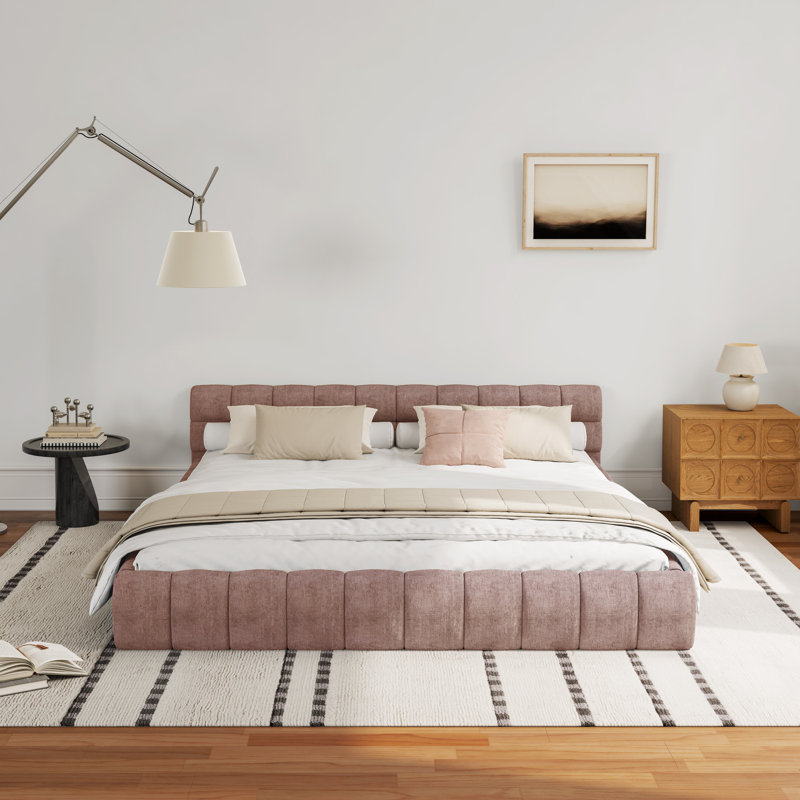 Chenille Upholstered Bed Frame With Headboard, Pink, California King