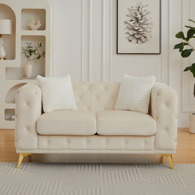 FX 61.25-Inch Modern Luxury Velvet Sofa With Chesterfield Quilted Button Accents, Includes 2 Pillows And Metal Legs
