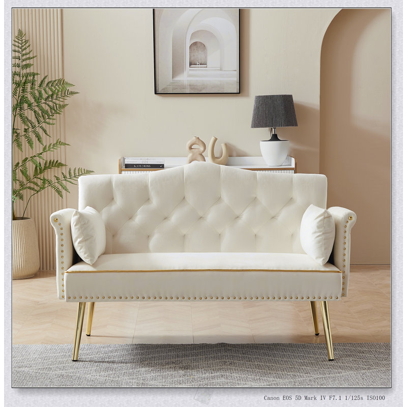 Canapé 2 places blanc crème avec pieds garnis de confort et de métal durable pour les espaces de vie modernes, Blanc, crème