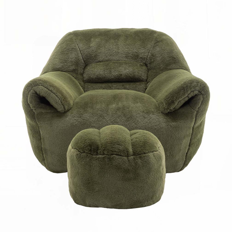 Faux Fur Bean Bag Chair With Ottoman, Green