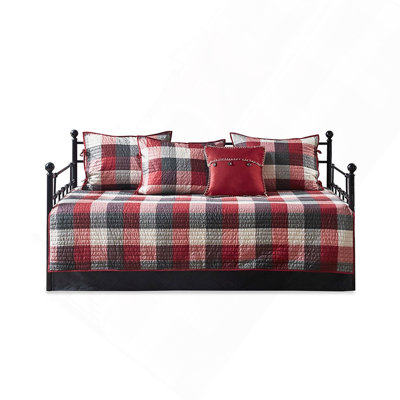 6-Piece Reversible Plaid Daybed Bedding Set with Bedskirt and Decorative Pillow, Twin Size, Red/Black6-Piece Reversible Plaid Daybed Bedding Set with Bedskirt and Decorative Pillow, Twin Size, Red/Black