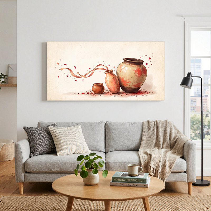 Trois pots d'argile avec ruban fluide et cœurs rouges, art mural sur toile, L 46 po x H 24 po