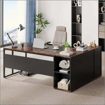 Bureau de direction en L avec armoire de rangement et tablettes, grand bureau d'ordinateur de bureau à domicile industriel, poste de travail professionnel avec meuble pour imprimante et support pour unité centrale