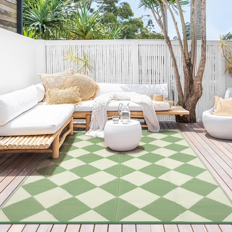 Outdoor Rug Plastic Reversible Rug Waterproof Patio Rug for Outdoor Camping Deck Beach RV Porch Patio and Backyard Green/Beige 10*14