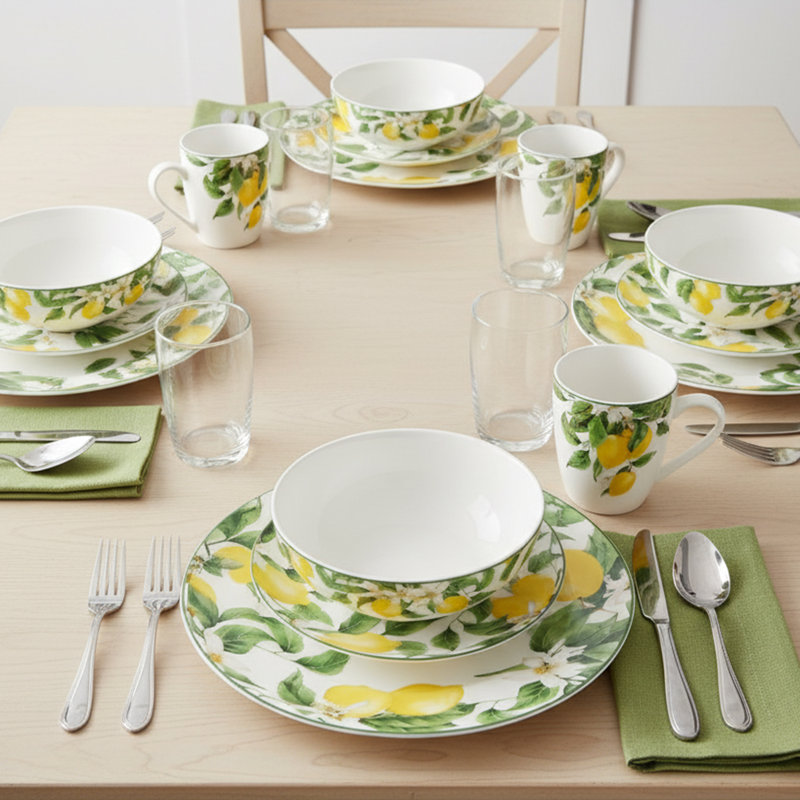 Service de vaisselle en porcelaine tendre à motif floral Lorren Home Trends, service pour 4, 20 pièces, assiettes, assiettes à salade, bols et tasses allant au micro-ondes et au lave-vaisselle.