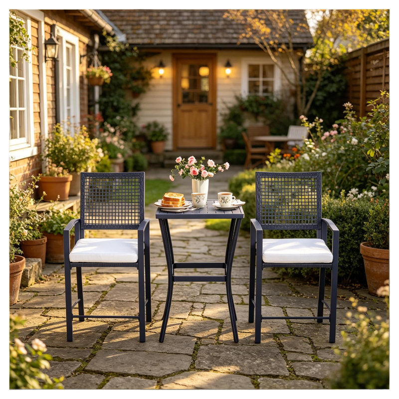 3-Piece Outdoor Wicker Bar Set with High Table and Stools, Black and Cream White