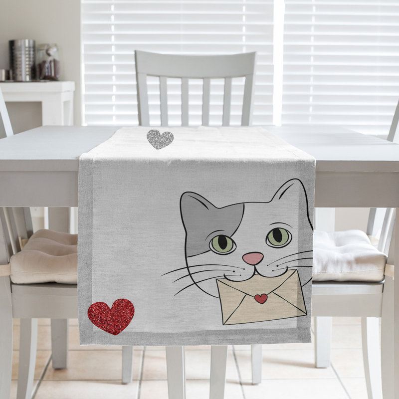 Chemin de table chats saint-valentin hol, L 72 po x l 16 po, Gris / beige / rouge, Polyester