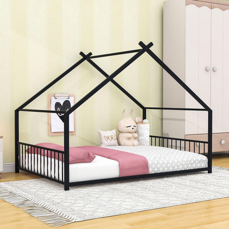 Metal Playhouse Bed With Roof And Slats, Black, Full