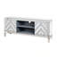 Meuble télé en miroir pour téléviseur de 65 pouces et plus, console de télévision avec rangement ouvert et 2 armoires de rangement, portes de miroir en forme de M